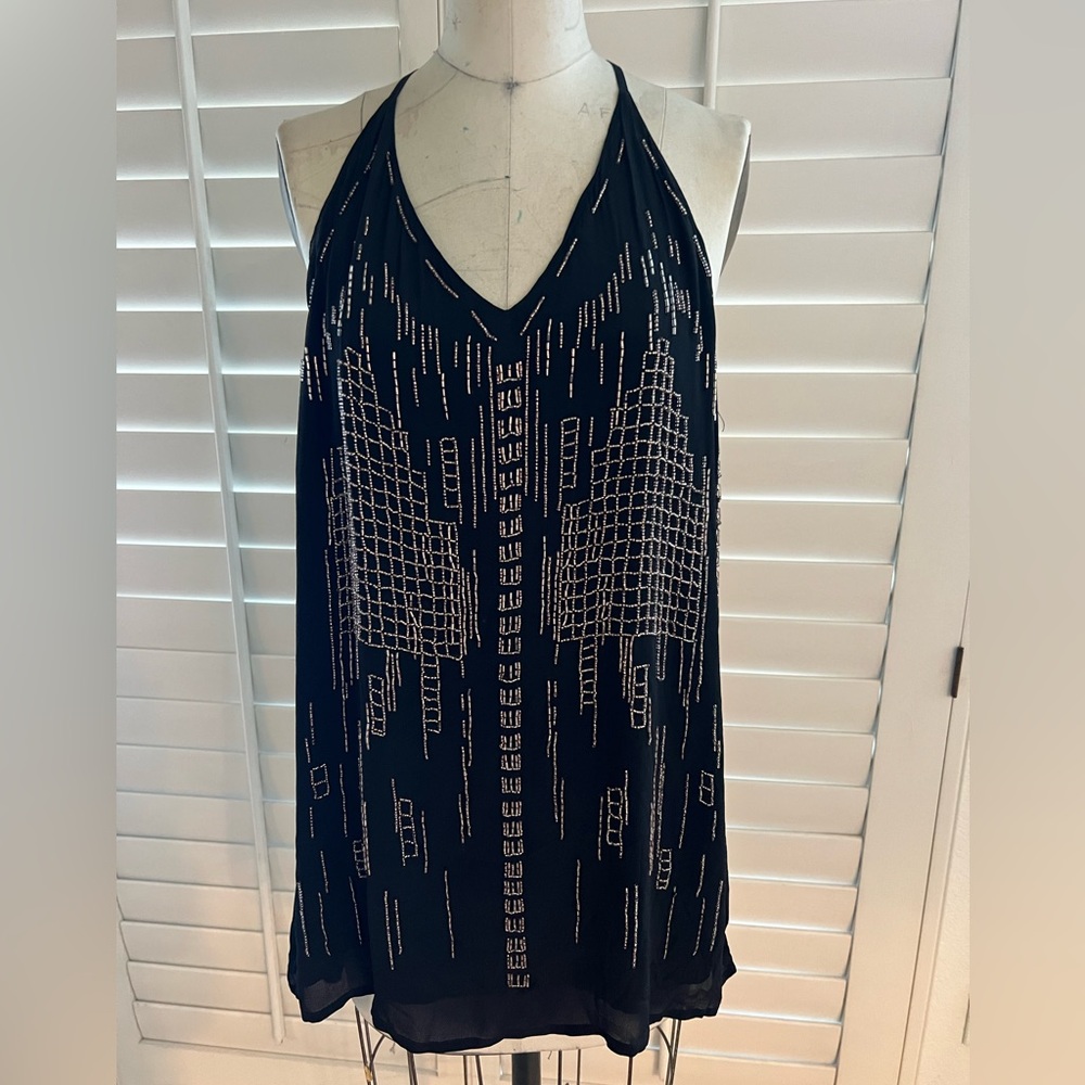 Black Halter Top with Gold beaded Geometric Design